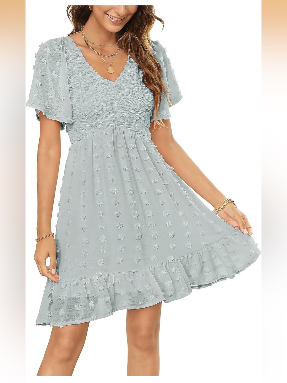 Smocked V-Neck Textured Babydoll Dress - Mint Green